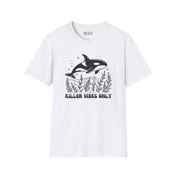 Killer Vibes Only Orca Whale Softstyle T-Shirt with bold graphic on a white background.