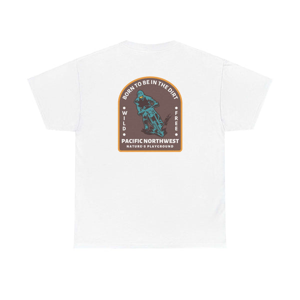 "Born to Be in the Dirt Athletic Tee with outdoor graphic on white shirt"