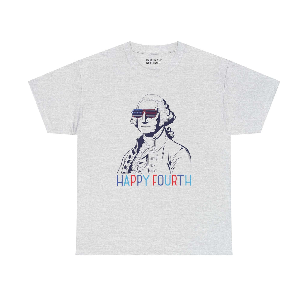 Fourth of July George Washington tee with USA sunglasses and "Happy Fourth" text on a gray shirt.