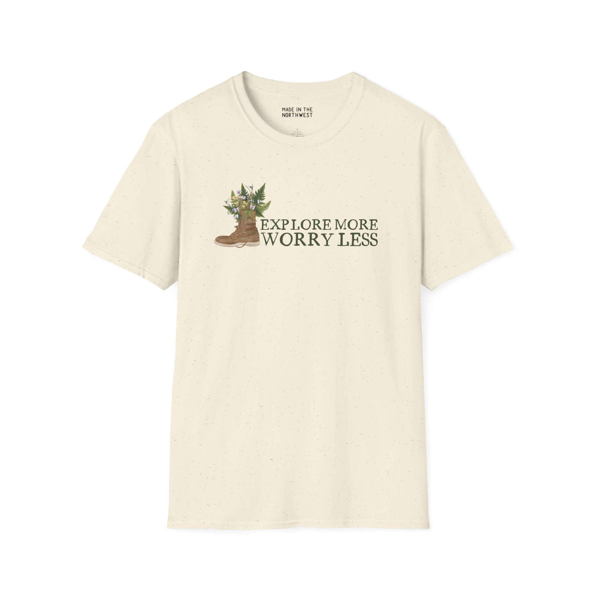Explore More Worry Less unisex t-shirt featuring a watercolor hiking boot with ferns and flowers.