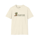 Explore More Worry Less unisex t-shirt featuring a watercolor hiking boot with ferns and flowers.