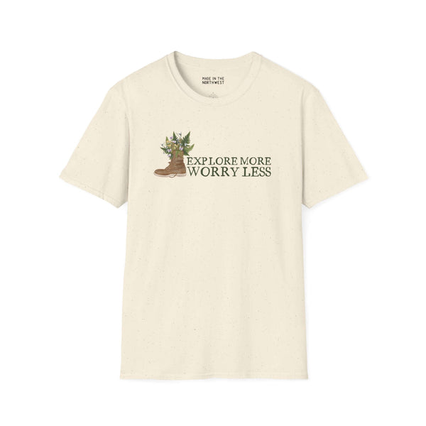 Explore More Worry Less unisex t-shirt featuring a watercolor hiking boot with ferns and flowers.