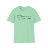 Messy Hair Don't Care Bigfoot T Shirt in mint green featuring a fun Bigfoot illustration.