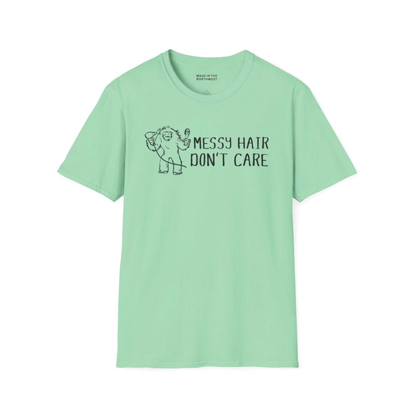 Messy Hair Don't Care Bigfoot T Shirt in mint green featuring a fun Bigfoot illustration.