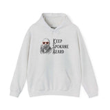 Keep Spokane Beard hoodie featuring a vintage bearded man in heart-shaped sunglasses on a gray sweatshirt.