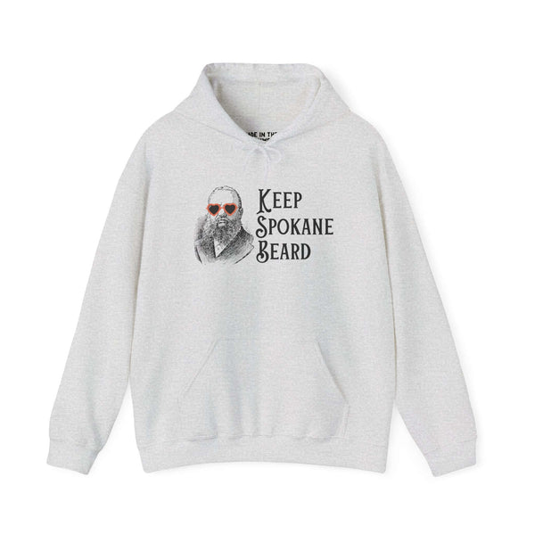 Keep Spokane Beard hoodie featuring a vintage bearded man in heart-shaped sunglasses on a gray sweatshirt.