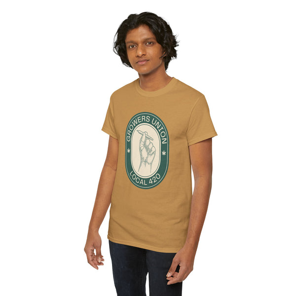 Model wearing Grower's Union Local 420 athletic tee with graphic of a hand holding a joint, vibrant and stylish.