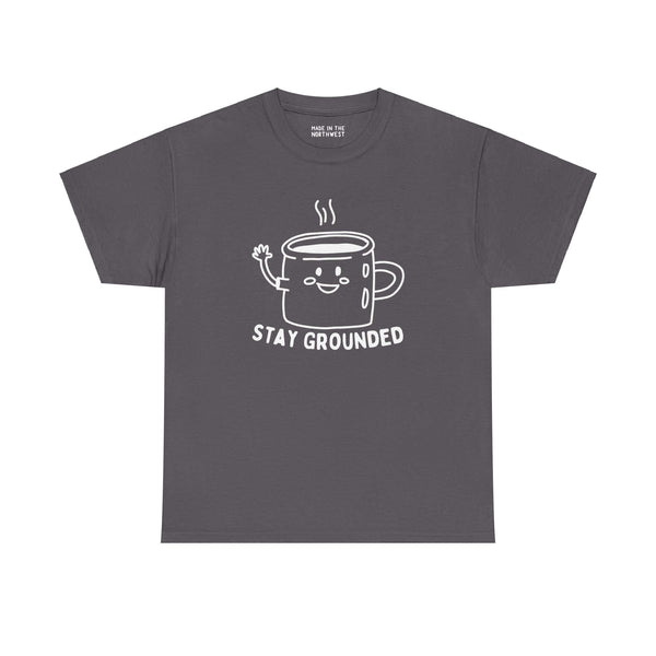 "Stay Grounded and Caffeinated athletic tee with waving coffee mug illustration in white on a dark shirt"