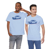 Two men wearing Old School Injection Car Lovers Premium Soft Tee featuring a classic BMW 2002 Tii design.