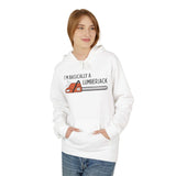 I'm basically a lumberjack hoodie with chainsaw graphic, worn by a smiling woman in a white hoodie.