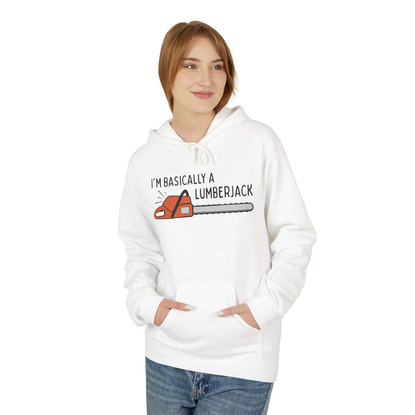 I'm basically a lumberjack hoodie with chainsaw graphic, worn by a smiling woman in a white hoodie.