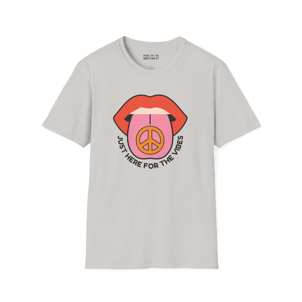 I'm Just Here for the Vibes Softstyle T-Shirt with colorful graphic design and laid-back vibe.