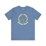 Choose Peace and Flowers Premium Soft Tee featuring green peace sign surrounded by colorful flowers.