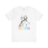 White tee featuring George Washington with rainbow glasses and 