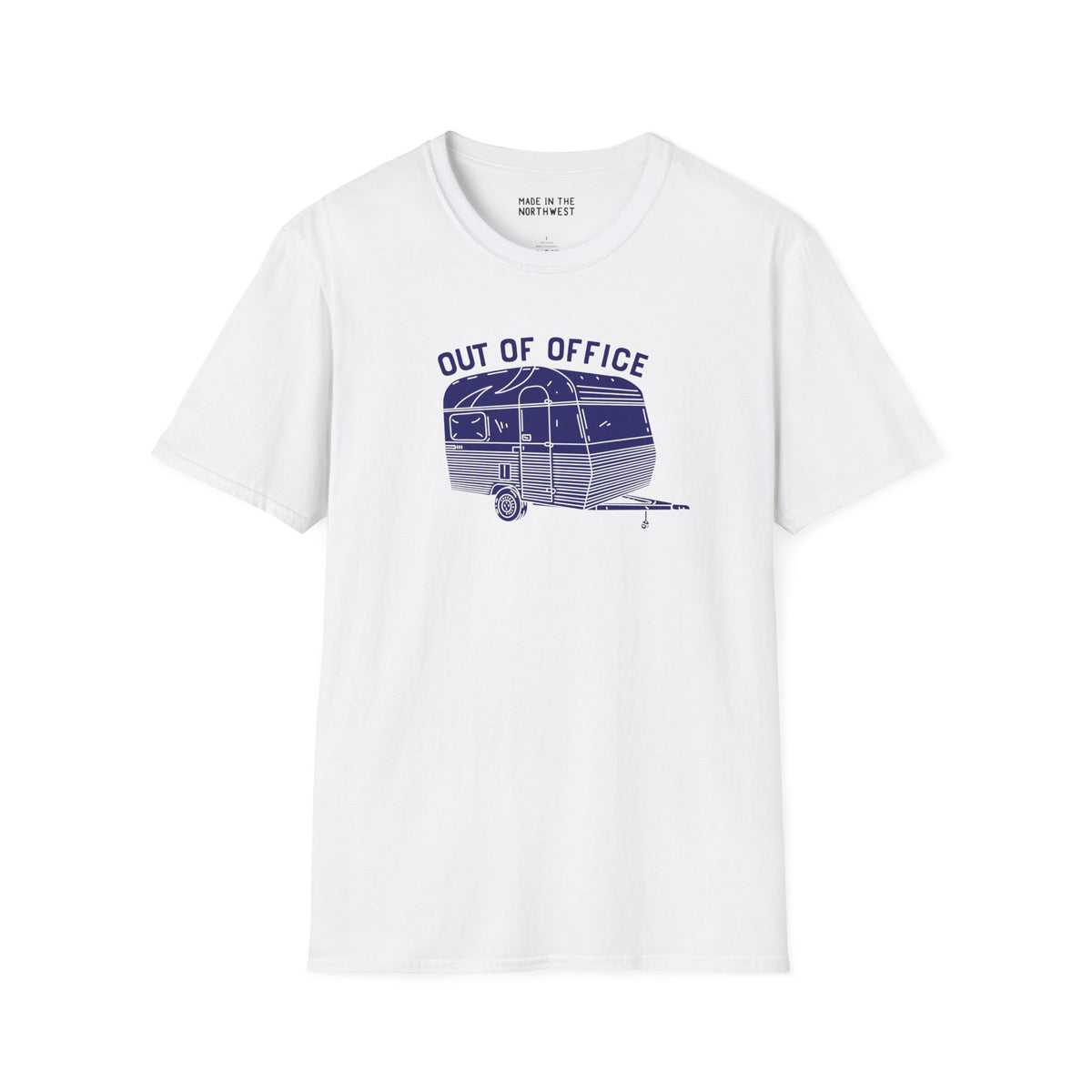 Out of Office Camper Softstyle T-Shirt featuring a retro travel trailer design for road trippers and campers.