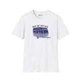 Out of Office Camper Softstyle T-Shirt featuring a retro travel trailer design for road trippers and campers.