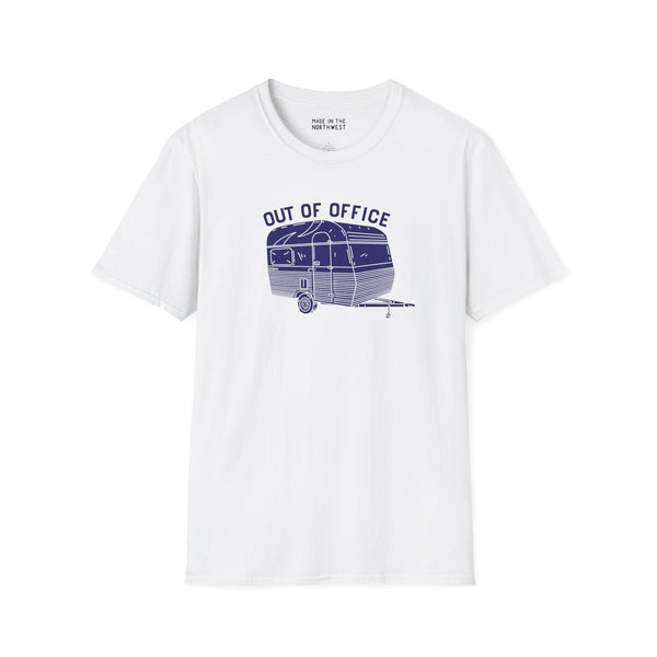 Out of Office Camper Softstyle T-Shirt featuring a retro travel trailer design for road trippers and campers.