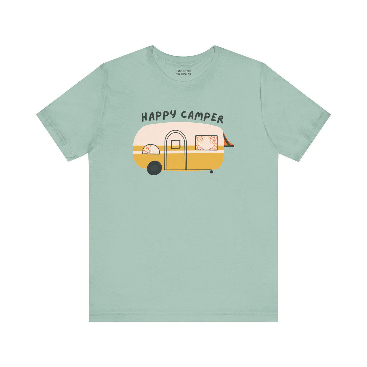 Happy Camper Adventure Premium Soft Tee with a vintage camper design, perfect for road trips and outdoor adventures.