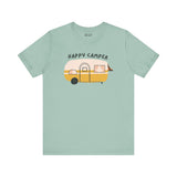 Happy Camper Adventure Premium Soft Tee with a vintage camper design, perfect for road trips and outdoor adventures.