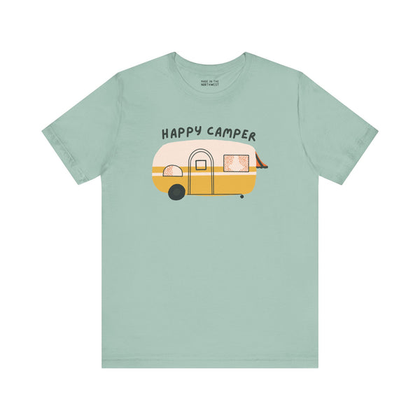 Happy Camper Adventure Premium Soft Tee with a vintage camper design, perfect for road trips and outdoor adventures.