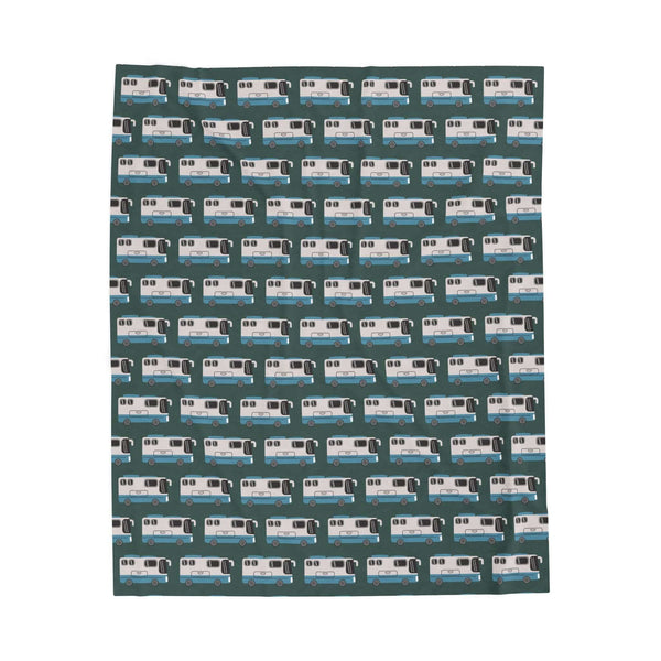Motorhome blanket featuring a repeating pattern of Class A motorhomes on a cozy throw design.