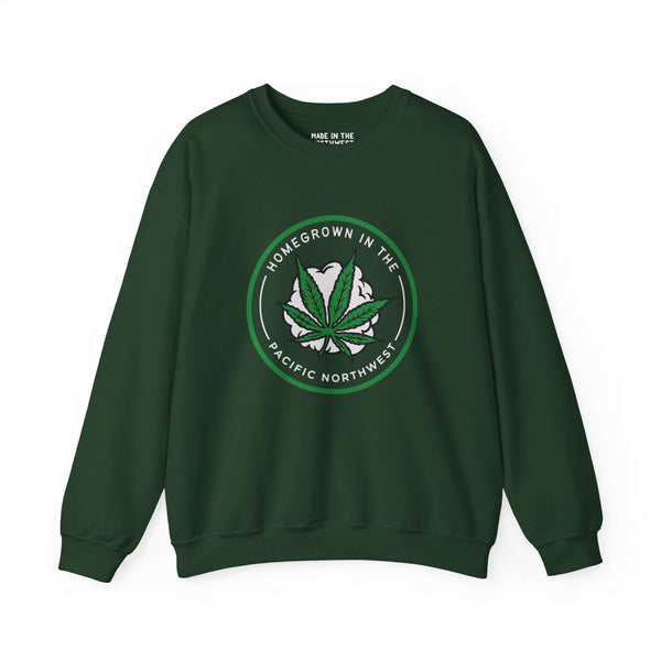 Green sweatshirt with marijuana leaf and text "Homegrown in the Pacific Northwest," representing PNW lifestyle and culture.