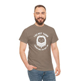 Model wearing I Do Not Think Sasquatch Athletic Tee with playful Bigfoot design and philosophical quote.