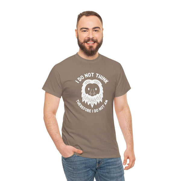 Model wearing I Do Not Think Sasquatch Athletic Tee with playful Bigfoot design and philosophical quote.