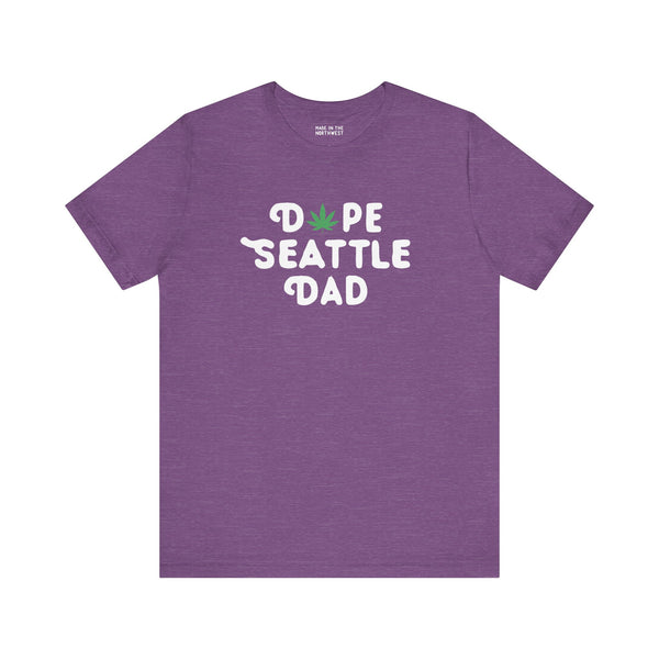 Dope Seattle Dad premium soft tee in purple with marijuana leaf graphic for cool dads in Washington.
