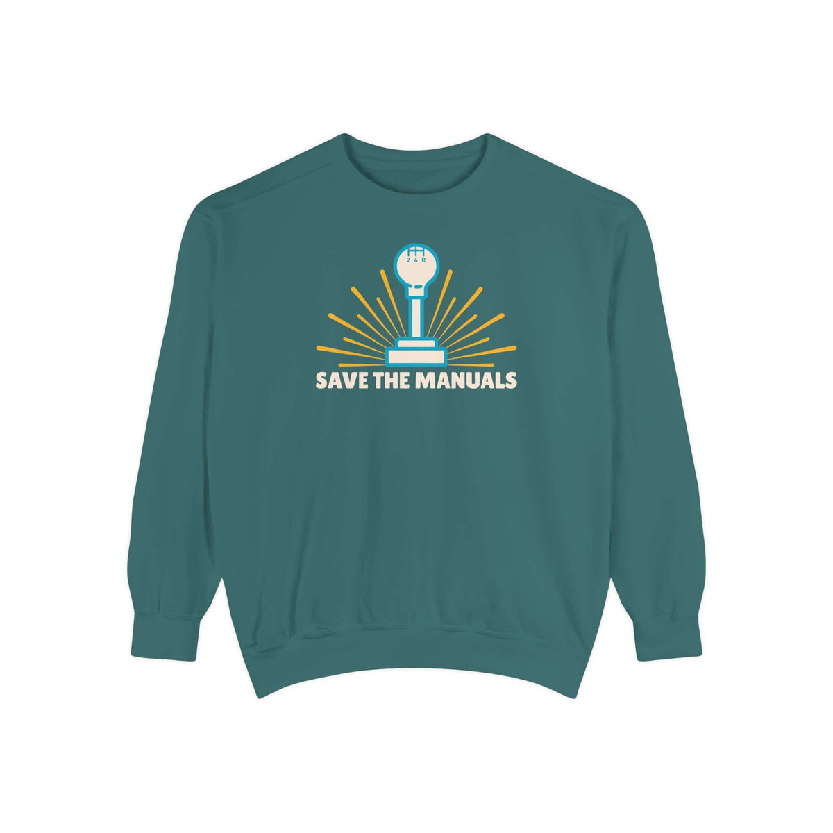 Save the Manuals Sweatshirt featuring an embroidered stick-shift graphic on a teal background.