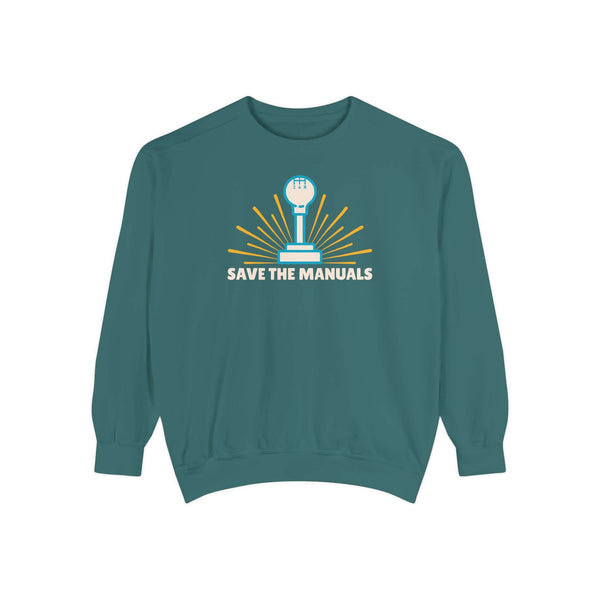 Save the Manuals Sweatshirt featuring an embroidered stick-shift graphic on a teal background.