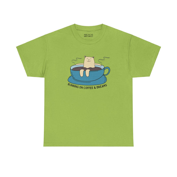 Green athletic tee with "Running on Coffee and Dreams" slogan, featuring a cute bear lounging in a coffee cup.