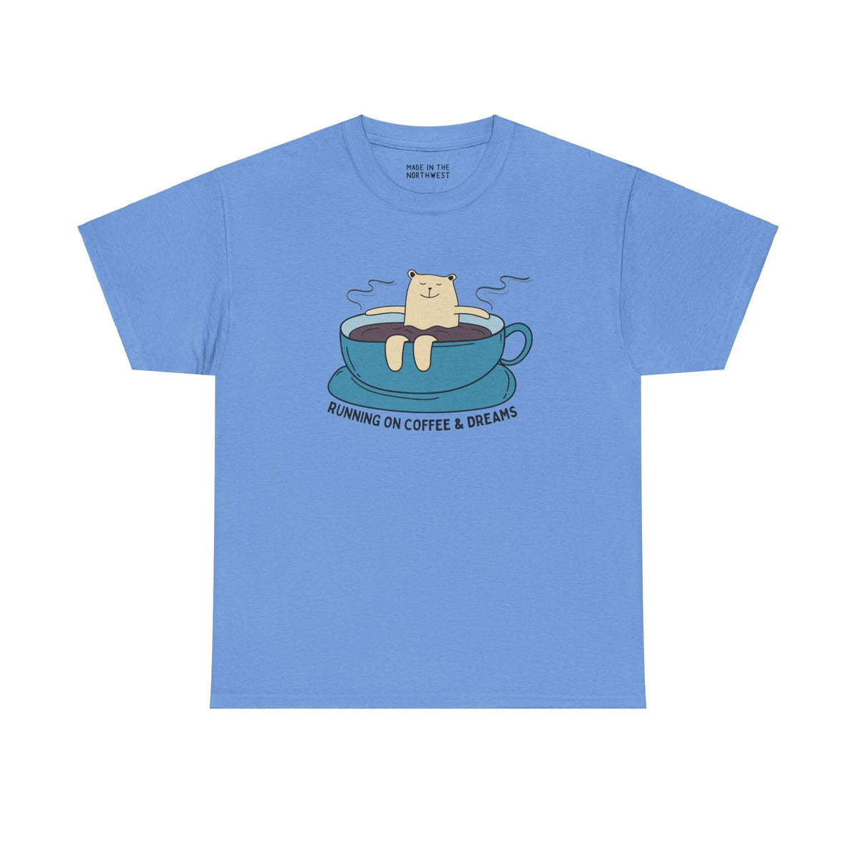 Blue athletic tee featuring a bear lounging in a coffee cup with "Running on Coffee and Dreams" text, perfect for coffee lovers.