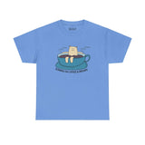 Blue athletic tee featuring a bear lounging in a coffee cup with 