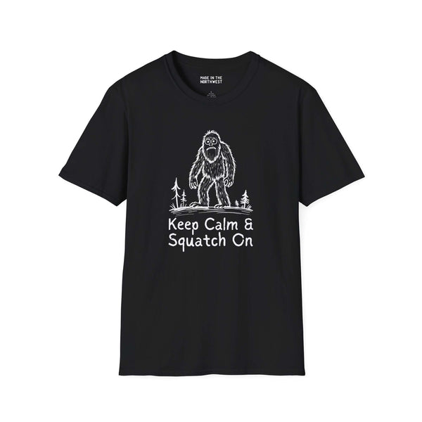 Keep Calm & Squatch On Bigfoot Softstyle T-Shirt featuring a Sasquatch graphic design.