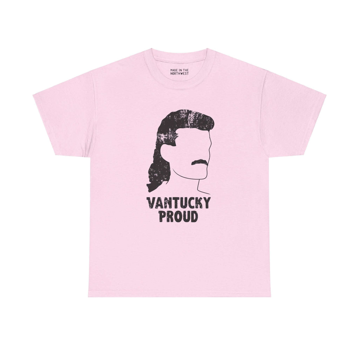 Vantucky Proud Billy Ray Slammer Tee in pink featuring bold graphic design with mullet and mustache illustration.