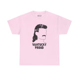 Vantucky Proud Billy Ray Slammer Tee in pink featuring bold graphic design with mullet and mustache illustration.