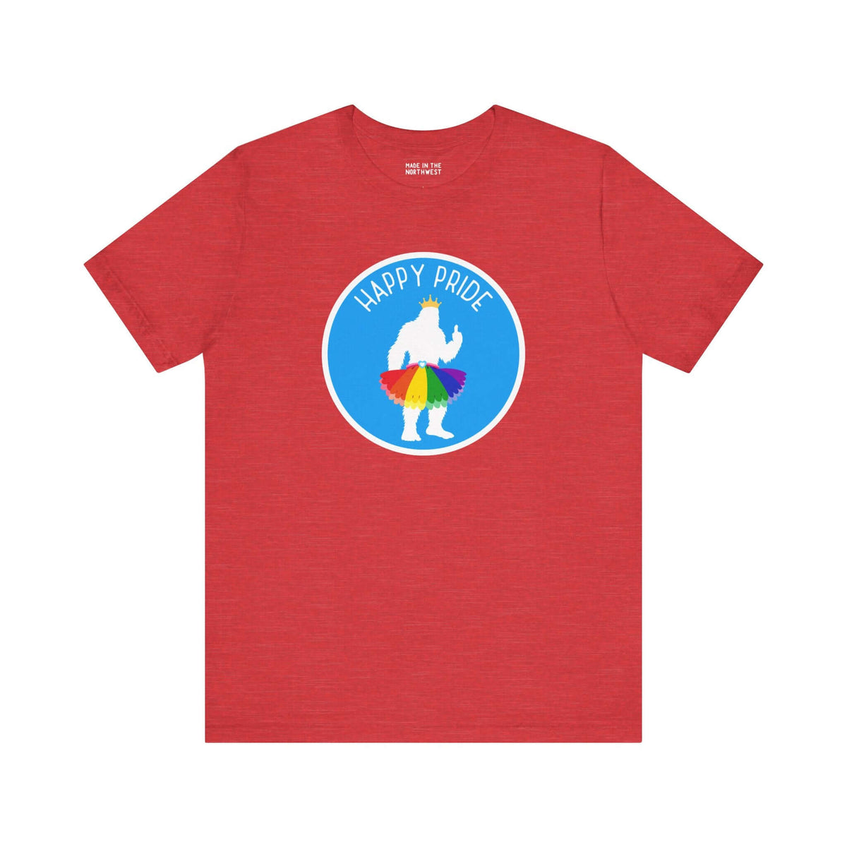 Bigfoot wearing a rainbow tutu on a red t-shirt for Pride celebrations, with the text 'Happy Pride'.