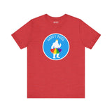 Bigfoot wearing a rainbow tutu on a red t-shirt for Pride celebrations, with the text 'Happy Pride'.