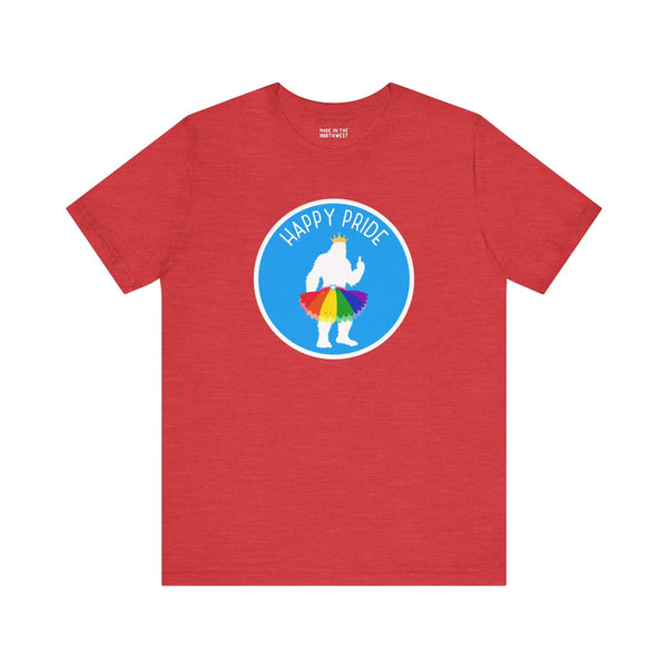 Bigfoot wearing a rainbow tutu on a red t-shirt for Pride celebrations, with the text 'Happy Pride'.