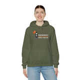 Gnomebody Loves Halloween More Than Me hoodie worn by a woman, featuring a skeleton gnome and Halloween balloons.