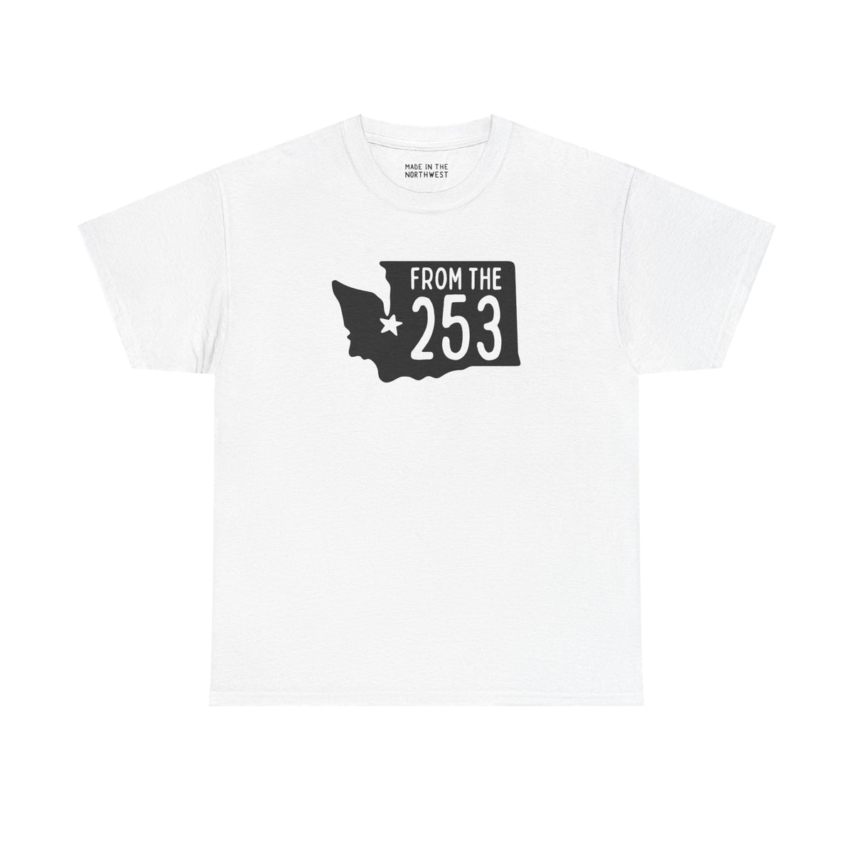 White athletic tee with Washington state shape and 'From the 253' design, showcasing Tacoma pride.