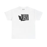 White athletic tee with Washington state shape and 'From the 253' design, showcasing Tacoma pride.