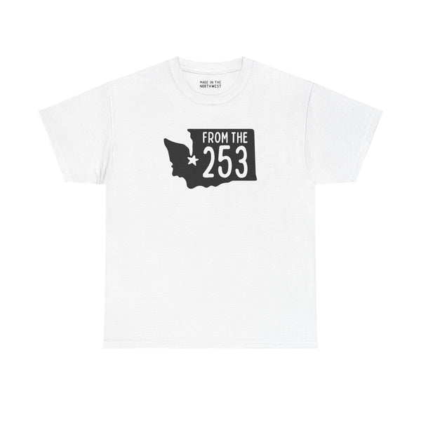 White athletic tee with Washington state shape and 'From the 253' design, showcasing Tacoma pride.