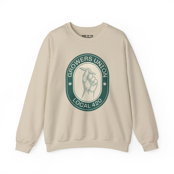 Cozy Grower's Union Local 420 sweatshirt featuring hand illustration holding a joint, perfect for 420 culture enthusiasts.