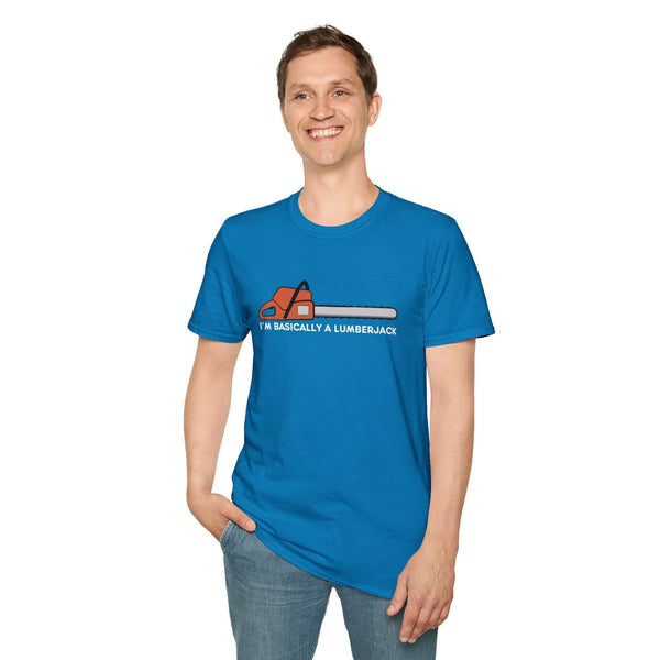 Man wearing a blue 'I'm Basically a Lumberjack' softstyle t-shirt with chainsaw graphic.