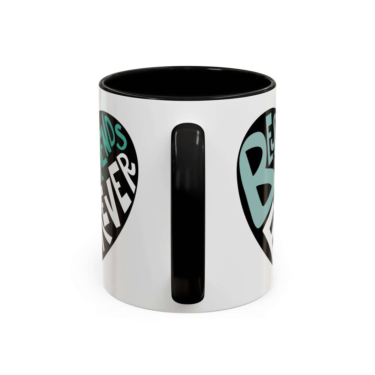 Best Friends Forever Mug with playful turquoise design and black handle, perfect for morning coffee.