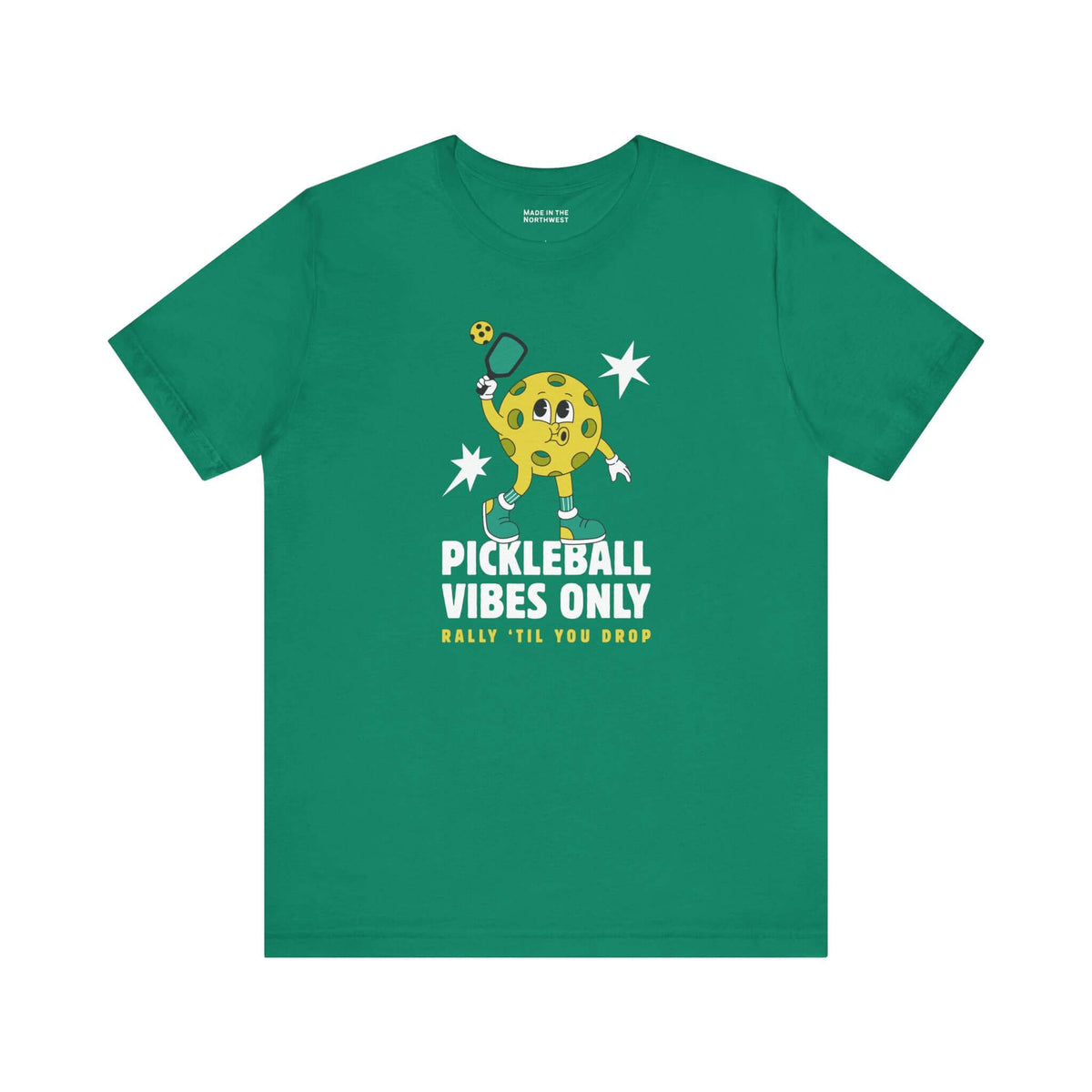 Pickleball Vibes Only T Shirt featuring a retro pickleball character in a green tee design.