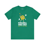 Pickleball Vibes Only T Shirt featuring a retro pickleball character in a green tee design.