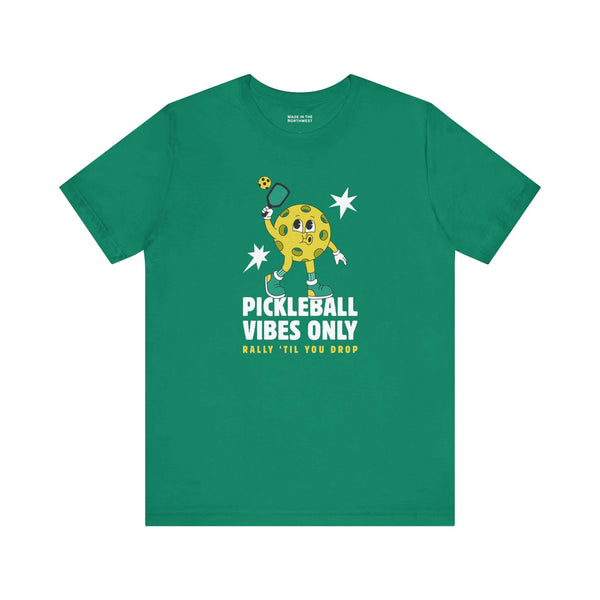 Pickleball Vibes Only T Shirt featuring a retro pickleball character in a green tee design.